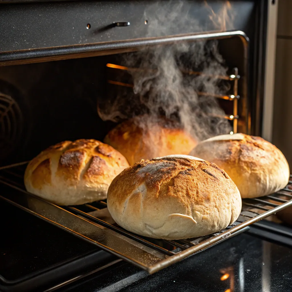 Freshly baked bread in an oven