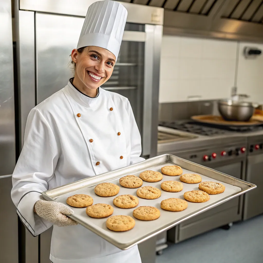 Chef holding a tray of cookies