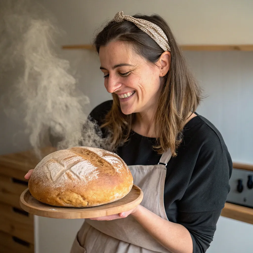 Smiling woman with baked bread